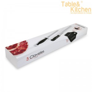 CUCHILLO JAMONERO ALVEOLADO 29CM + CHAIRA + CUBRE JAMÓN 3 CLAVELES