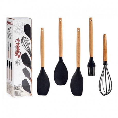 JOGO 5 UTENSÍLIOS CULINÁRIOS SILICONE CABO DE MADEIRA